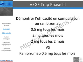 VEGF Trap Phase III Démontrer l’efficacité en comparaison au ranibizumab 0.5 mg tous les mois 2 mg tous les mois 2 mg tous les 2 mois VS Ranibizumab 0.5 mg tous les mois  Angiogenèse & VEGF Anti-VEGF Cible actuelle Autres stratégies Autres anti-angiogéniques Conclusion & perspectives 