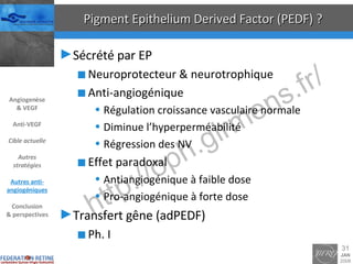 Pigment Epithelium Derived Factor (PEDF) ? Sécrété par EP Neuroprotecteur & neurotrophique Anti-angiogénique Régulation croissance vasculaire normale Diminue l’hyperperméabilité Régression des NV Effet paradoxal Antiangiogénique à faible dose Pro-angiogénique à forte dose Transfert gêne (adPEDF) Ph. I Angiogenèse & VEGF Anti-VEGF Cible actuelle Autres stratégies Autres anti-angiogéniques Conclusion & perspectives 