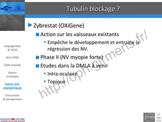 Tubulin blockage ? Zybrestat (OXiGene) Action sur les vaisseaux existants Empêche le développement et entraine la régression des NV. Phase II (NV myopie forte) Etudes dans la DMLA à venir Intra-oculaire Topique Angiogenèse & VEGF Anti-VEGF Cible actuelle Autres stratégies Autres anti-angiogéniques Conclusion & perspectives 