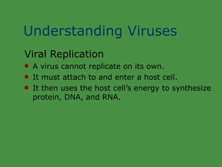 Understanding Viruses Viral Replication A virus cannot replicate on its own. It must attach to and enter a host cell. It then uses the host cell’s energy to synthesize protein, DNA, and RNA. 