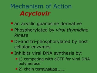 Mechanism of Action  Acyclovir an acyclic guanosine derivative Phosphorylated by  viral thymidine kinase Di-and tri-phosphorylated by host cellular enzymes Inhibits viral DNA synthesis by: 1) competing with dGTP for viral DNA polymerase 2) chain termination www.freelivedoctor.com 