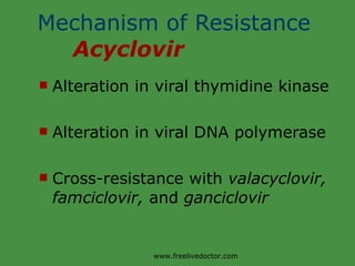 Mechanism of Resistance  Acyclovir   Alteration in viral thymidine kinase Alteration in viral DNA polymerase Cross-resistance with  valacyclovir, famciclovir,  and  ganciclovir   www.freelivedoctor.com 