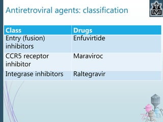 Antiretroviral agents: classification
Class Drugs
Entry (fusion)
inhibitors
Enfuvirtide
CCR5 receptor
inhibitor
Maraviroc
Integrase inhibitors Raltegravir
 