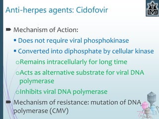 Anti-herpes agents: Cidofovir
 Mechanism of Action:
 Does not require viral phosphokinase
 Converted into diphosphate by cellular kinase
oRemains intracellularly for long time
oActs as alternative substrate for viral DNA
polymerase
oInhibits viral DNA polymerase
 Mechanism of resistance: mutation of DNA
polymerase (CMV)
 