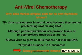 Anti-Viral Chemotherapy Why does Herpes simplex code for its own thymidine kinase? TK- virus cannot grow in neural cells because they are not proliferating (not making DNA) Although purine/pyrimidines are present, levels of phosphorylated nucleosides are low Allows virus to grow in cells that are not making DNA “ Thymidine kinase” is a misnomer Deoxynucleoside kinase NON-SPECIFIC www.freelivedoctor.com 