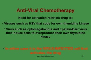 Anti-Viral Chemotherapy Need for activation restricts drug to: Viruses such as HSV that code for own thymidine kinase Virus such as cytomegalovirus and Epstein-Barr virus that induce cells to overproduce their own thymidine kinase In either case it is the VIRUS-INFECTED cell that activates the drug www.freelivedoctor.com 