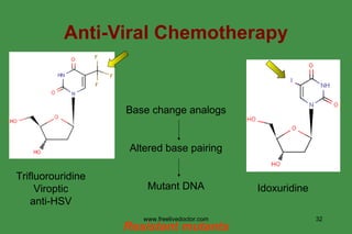 Anti-Viral Chemotherapy Base change analogs Altered base pairing Mutant DNA Resistant mutants Trifluorouridine Viroptic anti-HSV Idoxuridine www.freelivedoctor.com 