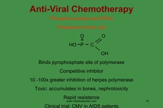 Anti-Viral Chemotherapy www.freelivedoctor.com Phosphono acetic acid (PAA) Phosphono formic acid   O  O HO  P  C   OH Binds pyrophosphate site of polymerase Competitive inhibitor 10 -100x greater inhibition of herpes polymerase Toxic: accumulates in bones, nephrotoxicity Rapid resistance Clinical trial: CMV in AIDS patients 