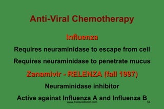 Anti-Viral Chemotherapy Influenza Requires neuraminidase to escape from cell Requires neuraminidase to penetrate mucus Zanamivir - RELENZA (fall 1997) Neuraminidase inhibitor Active against Influenza A and Influenza B www.freelivedoctor.com 