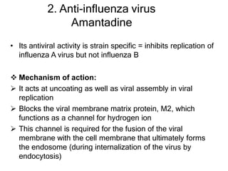 2. Anti-influenza virus
Amantadine
• Its antiviral activity is strain specific = inhibits replication of
influenza A virus but not influenza B
 Mechanism of action:
 It acts at uncoating as well as viral assembly in viral
replication
 Blocks the viral membrane matrix protein, M2, which
functions as a channel for hydrogen ion
 This channel is required for the fusion of the viral
membrane with the cell membrane that ultimately forms
the endosome (during internalization of the virus by
endocytosis)
 