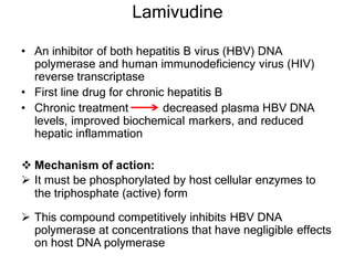Lamivudine
• An inhibitor of both hepatitis B virus (HBV) DNA
polymerase and human immunodeficiency virus (HIV)
reverse transcriptase
• First line drug for chronic hepatitis B
• Chronic treatment decreased plasma HBV DNA
levels, improved biochemical markers, and reduced
hepatic inflammation
 Mechanism of action:
 It must be phosphorylated by host cellular enzymes to
the triphosphate (active) form
 This compound competitively inhibits HBV DNA
polymerase at concentrations that have negligible effects
on host DNA polymerase
 