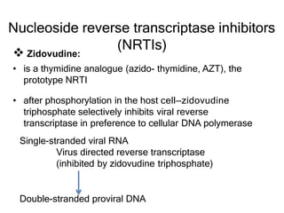Nucleoside reverse transcriptase inhibitors
(NRTIs)
 Zidovudine:
• is a thymidine analogue (azido- thymidine, AZT), the
prototype NRTI
• after phosphorylation in the host cell—zidovudine
triphosphate selectively inhibits viral reverse
transcriptase in preference to cellular DNA polymerase
Single-stranded viral RNA
Virus directed reverse transcriptase
(inhibited by zidovudine triphosphate)
Double-stranded proviral DNA
 