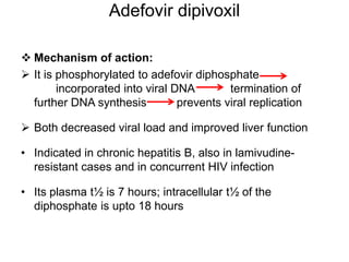 Adefovir dipivoxil
 Mechanism of action:
 It is phosphorylated to adefovir diphosphate
incorporated into viral DNA termination of
further DNA synthesis prevents viral replication
 Both decreased viral load and improved liver function
• Indicated in chronic hepatitis B, also in lamivudine-
resistant cases and in concurrent HIV infection
• Its plasma t½ is 7 hours; intracellular t½ of the
diphosphate is upto 18 hours
 