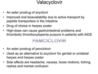Valacyclovir
• An ester prodrug of acyclovir
• Improved oral bioavailability due to active transport by
peptide transporters in the intestine
• Drug of choice in herpes zoster
• High-dose can cause gastrointestinal problems and
thrombotic thrombocytopenia purpura in patients with AIDS
• An ester prodrug of penciclovir
• Used as an alternative to acyclovir for genital or orolabial
herpes and herpes zoster
• Side effects are headache, nausea, loose motions, itching,
rashes and mental confusion
 