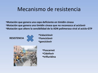 Mecanismo de resistencia
•Mutación que genera una cepa deficiente en timidin cinasa
•Mutación que genera una timidin cinasa que no reconozca al aciclovir
•Mutación que altere la sensibilidad de la ADN polimerasa viral al aciclo-GTP

                             Valaciclovir
   RESISTENCIA               Famciclovir
                             ganciclovir


                                Foscarnet
                                Cidofovir
                                trifluridina
 