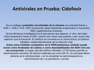 Antivirales en Prueba: Cidofovir


   Es un análogo nucleótido monofosfato de la citosina con actividad frente a
VHS-1, VHS-2, VVZ, CMV (incluyendo cepas resistentes al ganciclovir y foscarnet),
                           VEB y papilomavirus humanos.
   De los fármacos investigados es el que parece que dispone, in vitro, del mejor
índice terapéutico frente al CMV, siendo cien veces más potente y cien veces más
 selectivo que el foscarnet. El cidofovir se convierte en su forma activa, el cidofovir
                 bifosfato, independientemente de la infección viral.
   Actúa como inhibidor competitivo de la ADN-polimerasa, también puede
actuar como finalizador de cadena o como desestabilizador del ADN viral una
  vez incorporado. La larga vida del cidofovir difosfato (17-30 horas) permite su
administración semanal. Se elimina inalterado por orina (80 %). Su principal efecto
       adverso es la nefrotoxicidad, y en la actualidad se está ensayando su
                     administración por via parenteral y corneal
 