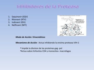 1.   Saquinavir (SQV)
2.   Ritonavir (RTV)
3.   Indinavir (IDV)
4.   Nelfinavir (NFF)




        Modo de Acción: Viroestáticos

        Mecanismo de Acción: Actua inhibiendo la enzima proteasa VIH-1

             ●
               Impide la division de las proteinas gag- pol
             ●
              Actua sobre linfocitos CD4 y monocitos- macrofagos
 