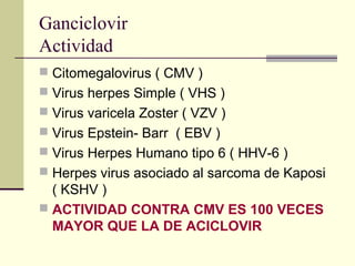 Ganciclovir
Actividad
 Citomegalovirus ( CMV )
 Virus herpes Simple ( VHS )
 Virus varicela Zoster ( VZV )
 Virus Epstein- Barr ( EBV )
 Virus Herpes Humano tipo 6 ( HHV-6 )
 Herpes virus asociado al sarcoma de Kaposi
( KSHV )
 ACTIVIDAD CONTRA CMV ES 100 VECES
MAYOR QUE LA DE ACICLOVIR
 