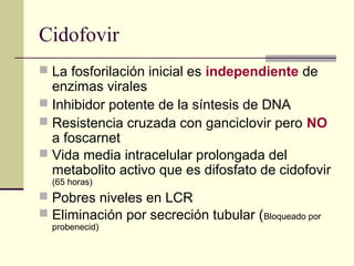 Cidofovir
 La fosforilación inicial es independiente de
enzimas virales
 Inhibidor potente de la síntesis de DNA
 Resistencia cruzada con ganciclovir pero NO
a foscarnet
 Vida media intracelular prolongada del
metabolito activo que es difosfato de cidofovir
(65 horas)
 Pobres niveles en LCR
 Eliminación por secreción tubular (Bloqueado por
probenecid)
 