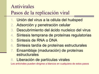 Antivirales
Pasos de la replicación viral
1. Unión del virus a la célula del huésped
2. Adsorción y penetración celular
3. Descubrimiento del ácido nucleico del virus
4. Síntesis temprana de proteínas regulatorias
5. Síntesis de RNA o DNA
6. Síntesis tardía de proteínas estructurales
7. Ensamblaje (maduración) de proteínas
estructurales
8. Liberación de partículas virales
Los antivirales pueden dirigirse a blancos en cualquiera de estos pasos
 