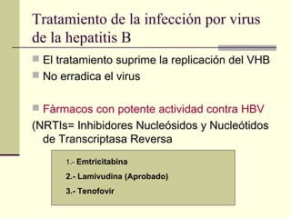 Tratamiento de la infección por virus
de la hepatitis B
 El tratamiento suprime la replicación del VHB
 No erradica el virus
 Fàrmacos con potente actividad contra HBV
(NRTIs= Inhibidores Nucleósidos y Nucleótidos
de Transcriptasa Reversa
1.- Emtricitabina
2.- Lamivudina (Aprobado)
3.- Tenofovir
 