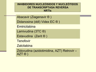 Abacavir (Ziagenavir ® )
Didanosina (ddI) Videx EC ® )
Emtricitabina
Lamivudina (3TC ®)
Estavudina (Zerit ® )
Tenofovir
Zalcitabina
Zidovudina (azidotimidina, AZT) Retrovir –
AZT ® )
INHIBIDORES NUCLEÒSIDOS Y NUCLEÒTIDOS
DE TRANSCRIPTASA REVERSA
NRTIs
 
