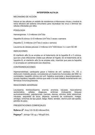 INTERFERÓN ALFA-2A
MECANISMO DE ACCIÓN
Induce en las células un estado de resistencia a infecciones víricas y modula la
rama efectora del sistema inmunitario para neutralizar los virus o eliminar las
células infectadas por ellos.
POSOLOGÍA
Hemangiomas: 1-3 millones U/m2
/día
Hepatitis B crónica: 5-10 millones U/m2
/día 3 veces x semana
Hepatitis C: 3 millones U/m2
/día 3 veces x semana
Leucemia de células peludas: 2 millones U/m2
ASC/dosis 3 v x sem SC-IM
INDICACIONES
El interferón alfa 2a se emplea en el tratamiento de la hepatitis B o C crónica,
que son unas infecciones virales que afectan al hígado. En el tratamiento de la
hepatitis B, el interferón alfa 2a se emplea sólo, mientras que para la hepatitis
C se emplea en combinación con ribavirina.
CONTRAINDICACIONES
Hipersensibilidad; cardiopatía grave o historia de enf. cardiaca; I.H., I.R. o
disfunción mieloide graves; convulsiones y/o trastornos funcionales del SNC no
controlados; hepatitis crónica con enf. hepática avanzada y descompensada o
cirrosis hepática; hepatitis crónica que está o ha sido tratada recientemente con
fármacos inmunosupresores.
REACCIONES ADVERSAS
Leucopenia, trombocitopenia, anemia, anorexia, náuseas, hipocalcemia
asintomática, cefalea, disgeusia, arritmias (incluyendo bloqueo
auriculoventricular), palpitaciones, cianosis, diarrea, vómitos, dolor abdominal,
náuseas, sequedad de boca, alopecia, aumento de sudoración, mialgia,
artralgia, síntomas de tipo gripal, fatiga, fiebre, temblor, disminución del apetito,
pérdida de peso.
PRESENTACIONES COMERCIALES
Roferon A®
: Amp 3-9-18-36 millones/5mL
Pegasys®
: Jeringa 135 ug y 180ug/0.5mL
 