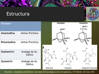 Estructura
Fármaco
Amantadina Amina Triciclica
Rimantadina Amina Triciclica
Oseltamivir Analogo de Ác.
Siálico
Zanamivir Analogo de Ác.
Siálico
Brunton L. Goodman and Gillman: las bases farmacológicas de la terapéutica. 12ª Edición. Mc Graw Hill
 