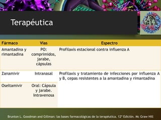 Terapéutica
Fármaco Vias Espectro
Amantadina y
rimantadina
PO:
comprimidos,
jarabe,
cápsulas
Profilaxis estacional contra influenza A
Zanamivir Intranasal Profilaxis y tratamiento de infecciones por influenza A
y B, cepas resistentes a la amantadina y rimantadina
Oseltamivir Oral: Cápsula
y jarabe.
Intravenosa
Brunton L. Goodman and Gillman: las bases farmacológicas de la terapéutica. 12ª Edición. Mc Graw Hill
 