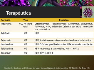 Terapéutica
Fármaco Vias Espectro
Ribavirina VO, IV, Intra
nasal
Ortomixovirus, Paramixovirus, Arenavirus, Bunyavirus,
flavivirus, VSR, Infección Crónica por HCV, infección
por Hantavirus
Adefovir VO HBV
Entecavir VO HBV, individuos resistentes a lamivudina o telbivudina
Lamivudina VO HBV Crónico, profilaxis contra HBV antes de trasplante
Telbivudina VO HBV resistente a lamivudina, HIV-1, HIV-2
Tenofovir VO HBV, HIV-1, HIV-1
Brunton L. Goodman and Gillman: las bases farmacológicas de la terapéutica. 12ª Edición. Mc Graw Hill
 