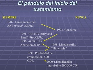 El péndulo del inicio delEl péndulo del inicio del
tratamientotratamiento
1987. Lanzamiento del
AZT (Fischl, NEJM)
SIEMPRE NUNCA
1993. Concorde
1995. “Hit HIV early and
hard” (Ho NEJM)
1996. ACTG 175
Aparición de IP 1998. Lipodistrofia.
“Hit wisely”
1999. Posibilidad de
erradicación. 500
CD4. 2000/1.Erradicación
improbable 200-300 CD4
 