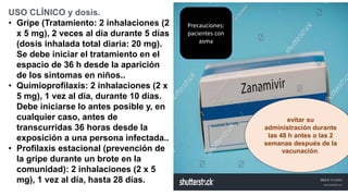 USO CLÍNICO y dosis.
• Gripe (Tratamiento: 2 inhalaciones (2
x 5 mg), 2 veces al día durante 5 días
(dosis inhalada total diaria: 20 mg).
Se debe iniciar el tratamiento en el
espacio de 36 h desde la aparición
de los síntomas en niños..
• Quimioproﬁlaxis: 2 inhalaciones (2 x
5 mg), 1 vez al día, durante 10 días.
Debe iniciarse lo antes posible y, en
cualquier caso, antes de
transcurridas 36 horas desde la
exposición a una persona infectada..
• Proﬁlaxis estacional (prevención de
la gripe durante un brote en la
comunidad): 2 inhalaciones (2 x 5
mg), 1 vez al día, hasta 28 días.
Precauciones:
pacientes con
asma
evitar su
administración durante
las 48 h antes o las 2
semanas después de la
vacunación.
 