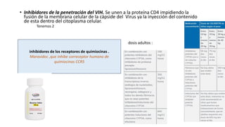 • Inhibidores de la penetración del VIH. Se unen a la proteína CD4 impidiendo la
fusión de la membrana celular de la cápside del Virus ya la inyección del contenido
de esta dentro del citoplasma celular.
Tenemos 2
inhibidores de los receptores de quimiocinas .
Maravidoc ,que inhibe correceptor humano de
quimiocinas CCR5
dosis adultos :
 