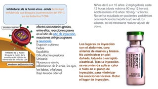 Inhibidores de la fusión virus –célula Se incluye
enfubirtida que bloquea la penetración del VIH-1
en los linfocitos T CD4
efectos secundarios graves,
entre ellos, reacciones graves
en el sitio de sitio de inyección,
reacciones alérgicas graves
y neumonía.
Erupción cutánea
Fiebre
Escalofrío
Dificultad respiratoria
Urticaria
Nauseas y vómito
Inflamación de la cara, los ojos,
los labios, o la boca
Baja tensión arterial
Niños de 6 a ≥ 16 años: 2 mg/kg/dosis cada
12 horas (dosis máxima 90 mg/12 horas).
Adolescentes ≥16 años: 90 mg/ 12 horas.
No se ha estudiado en pacientes pediátricos
con insuficiencia hepática y/o renal. En
adultos, no es necesario realizar ajuste de
dosis.
Los lugares de inyección
son el abdomen, cara
anterior de muslos y brazos.
No administrar en piel
dañada, tatuada o en tejido
cicatricial. Tras la inyección,
se recomienda aplicar calor
o hielo en el punto de
inyección, para minimizar
las reacciones locales. Rotar
el lugar de inyección.
 