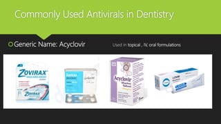 Commonly Used Antivirals in Dentistry
Generic Name: Acyclovir Used in topical , IV, oral formulations
 