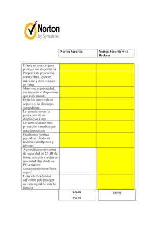 Norton Security Norton Security with Backup 
Ofrece un servicio para proteger sus dispositivos Proporciona protección contra virus, spyware, malware y otros ataques en línea Mantiene su privacidad, sin importar el dispositivo que estés usando Evita los sitios web no seguros y las descargas sospechosas Le permite mover la protección de un dispositivo a otro Le permite añadir más protección a medida que más dispositivos Fácilmente localiza perdido o robado los teléfonos inteligentes y tabletas Automáticamente copias de seguridad de 25 GB de fotos, películas y archivos que usted elija desde su PC a nuestro almacenamiento en línea seguro 
Ofrece la flexibilidad suficiente para proteger su vida digital de toda la familia 
$79.99 
$59.99 
$89.99  