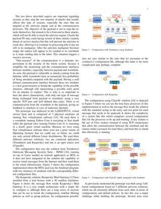 5
The two above described aspects are important regarding
security as they stop the vast majority of attacks that usually
affects this type of systems, especially the ones that are
targeted at the antivirus engine and at the communication
processes. The objective of the payload is not to stop the at-
tacks themselves, but instead to be a front-end to these attacks,
which will not be able to reach the antivirus engine. Clearly the
payload IN may crash facing several of these attacks (namely
denial of service attacks) but that will prevent the antivirus to
crash also, allowing it to continue its processing jobs if any are
still in its mailqueue. After the antivirus mailqueue becomes
empty the replica will appear to be crashed to its wormhole
as it stops sending data to the latter. This situation triggers a
reactive recovery.
”One-wayness” of the communication is a dramatic im-
provement in the security of the whole system, because it
simpliﬁes the monitoring and the communication interfaces
between modules, especially between payload and wormhole.
As seen, the payload is vulnerable to attacks coming from the
Internet, while wormholes have an immensely less probability
of being intruded compared with the payload. Having a well
deﬁned communication interface between these two modules
is a ﬁrst good measure to bound the capability of the possible
attackers, although still representing a possible entry point
for an attacker to explore. This is why is so important to
have the above characteristic, with only one type of message
being exchanged from payload to wormhole, using a very
speciﬁc TCP port and well deﬁned data types. There is no
communication from the wormhole to the payload, giving no
feedback to attackers in case of malicious attempts.
The prototype was deployed in the LaSIGE/FCUL virtual
servers farm and is composed of 3 physical machines all
running Xen virtualization software [15]. On each there is
a wormhole running Fedora Core 6 executing in Xen dom0
while the payload (also running Fedora Core 6) is executing
in a domU guest virtual machine. Because we were using
Xen virtualization software there were not a great variety of
Operating Systems that we could use, or better, we could
use only several different Linux distributions. We used three
different antivirus solutions, two are comercial aplications
(Trendmicro and Kaspersky) and one is an open source tool
(ClamAV).
The conﬁguration that uses the solution from Trendmicro
(Interscan Messaging Security Suite - IMSS) [16], running
on top of Linux needed an external application as MTA as
it does not have integrated in the solution the capability to
receive email messages from the Internet and then send them
to the email infrastructure. Figure 3 shows the conﬁguration
implemented where the MTA used was the Sendmail program,
with two instances of sendmail with the corresponding differ-
ent conﬁguration ﬁles.
The Kaspersky solution (Kaspersky Mail Gateway) [17]was
installed from a trial license with a 50 mailbox limitation.
Figure 4 shows the message ﬂow inside Kaspersky’s Mail
Gateway. It is a very simple architecture with a single ﬁle
to conﬁgure it, although there are a long series of sections
that can be use to tweak the conﬁguration, redeﬁne ﬁltering
policies as well as group policies. Its conﬁguration possibil-
sendmail
sendmail.cf
sendmail.mc
sendmail
sendmail.cf.
delivery
sendmail.mc
TrendMicro AV
Engine - IMSS
Upstream MTA
Sendmail IN
Downstream MTA
Sendmail OUT
Scanner Filter IMSS
Admin DB
Central
Controller
Port:
20025
Port:
10025
Port:
10026
Legend:
Main
processes
Configuration
files
Figure 3. Conﬁguration with Trendmicro using Sendmail.
ities are very similar to the ones that we encounter in the
sendmail.cf conﬁguration ﬁle, although this latter is far more
complicated and, perhaps, complete.
receiver sender
Scanning
Module
Antivirus
Module
inbound
working queue
outbound
working queue
Figure 4. Conﬁguration with Kaspersky.
The conﬁguration using ClamAV solution [18] is depicted
in Figure 5 where we can see the four basic processes of this
implementation as well as the message ﬂow inside the solution
with the sendmail acting as the entry and exit point for each
message that needs to be analyzed. It shows the complexity
of a system like this which comprises several conﬁguration
ﬁles for the processes to be up and running. A key feature is
the use of Unix sockets (instead of using TCP connections)
that allow the communication between the sendmail and the
clamav-milter (acronym for mail ﬁlter), and from this to clamd
that effectively is running.
clamav-
milter
sendmail clamd
sendmail.cf
sendmail.mc
clamav-
milter.conf
clamd.conf
/var/lib/
clamav/*.cvd
freshclam
freshclam.
conf
/var/run/clamav-
milter.socket
/var/run/
clamd.socket
Legend:
Main
processes
Communication
sockets
Configuration
files
Virus
(malware)
databases
Initial
Request by
Payload IN
Sendmail sends email to
mail filter for analysis
ClamAV Mail Filter sends
email to Scanning Engine
Email analyzed and actions
taken (security policy)
Maill Filter sends analyzed
email to Sendmail
Figure 5. Conﬁguration with ClamAV tightly integrated with Sendmail.
As previously mentioned the prototype was built using 3 dif-
ferent conﬁgurations based on 3 different antivirus solutions,
which are all extremely different from each other in terms of
conﬁgurations and default policies. In fact this was a major
challenge while building the prototype. Several tests were
 