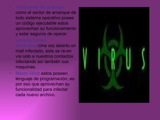 Virus sector de arranque:  como el sector de arranque de todo sistema operativo posee un código ejecutable estos aprovechan su funcionamiento y estar seguros de operar. Virus de correo electrónico :Una vez abierto un mail infectado, este se re-en vía solo a nuestros contactos infectando así también sus maquinas. Macro virus : estos poseen lenguaje de programación, es por eso que aprovechan su funcionalidad para infectar cada nuevo archivo. 
