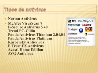    Norton Antivirus
   McAfee VirusScan 7
    F-Secure Antivirus 5.40
    Trend PC-Cillin
    Panda Antivirus Titanium 2.04.04
    Panda Antivirus Platinum
    Kaspersky Anti-virus
    E Trust EZ Antivirus
    Avast! Home Edition
    AVG Antivirus
 