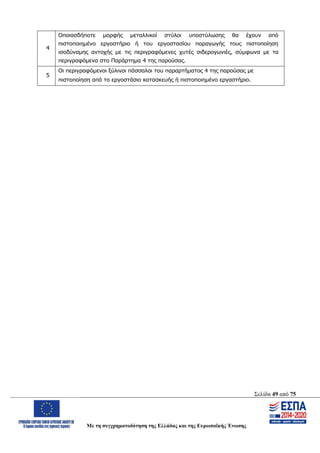 Σελίδα 49 από 75
Με τη συγχρηματοδότηση της Ελλάδας και της Ευρωπαϊκής Ένωσης
4
Οποιασδήποτε μορφής μεταλλικοί στύλοι υποστύλωσης θα έχουν από
πιστοποιημένο εργαστήριο ή του εργοστασίου παραγωγής τους πιστοποίηση
ισοδύναμης αντοχής με τις περιγραφόμενες χυτές σιδερογωνιές, σύμφωνα με τα
περιγραφόμενα στο Παράρτημα 4 της παρούσας.
5
Οι περιγραφόμενοι ξύλινοι πάσσαλοι του παραρτήματος 4 της παρούσας με
πιστοποίηση από το εργοστάσιο κατασκευής ή πιστοποιημένο εργαστήριο.
ΑΔΑ: ΩΨΖΜ4653ΠΓ-ΣΥ5
 