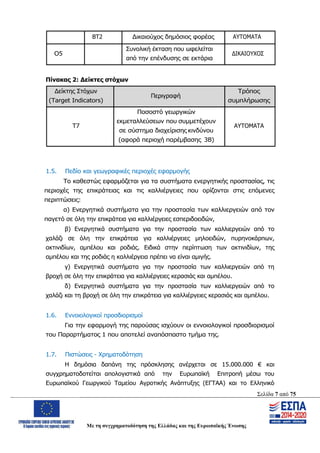Σελίδα 7 από 75
Με τη συγχρηματοδότηση της Ελλάδας και της Ευρωπαϊκής Ένωσης
ΒΤ2 Δικαιούχος δημόσιος φορέας ΑΥΤΟΜΑΤΑ
Ο5
Συνολική έκταση που ωφελείται
από την επένδυσης σε εκτάρια
ΔΙΚΑΙΟΥΧΟΣ
Πίνακας 2: Δείκτες στόχων
Δείκτης Στόχων
(Target Indicators)
Περιγραφή
Τρόπος
συμπλήρωσης
T7
Ποσοστό γεωργικών
εκμεταλλεύσεων που συμμετέχουν
σε σύστημα διαχείρισης κινδύνου
(αφορά περιοχή παρέμβασης 3Β)
ΑΥΤΟΜΑΤΑ
1.5. Πεδίο και γεωγραφικές περιοχές εφαρμογής
Το καθεστώς εφαρμόζεται για τα συστήματα ενεργητικής προστασίας, τις
περιοχές της επικράτειας και τις καλλιέργειες που ορίζονται στις επόμενες
περιπτώσεις:
α) Ενεργητικά συστήματα για την προστασία των καλλιεργειών από τον
παγετό σε όλη την επικράτεια για καλλιέργειες εσπεριδοειδών,
β) Ενεργητικά συστήματα για την προστασία των καλλιεργειών από το
χαλάζι σε όλη την επικράτεια για καλλιέργειες μηλοειδών, πυρηνοκάρπων,
ακτινιδίων, αμπέλου και ροδιάς. Ειδικά στην περίπτωση των ακτινιδίων, της
αμπέλου και της ροδιάς η καλλιέργεια πρέπει να είναι αμιγής.
γ) Ενεργητικά συστήματα για την προστασία των καλλιεργειών από τη
βροχή σε όλη την επικράτεια για καλλιέργειες κερασιάς και αμπέλου.
δ) Ενεργητικά συστήματα για την προστασία των καλλιεργειών από το
χαλάζι και τη βροχή σε όλη την επικράτεια για καλλιέργειες κερασιάς και αμπέλου.
1.6. Εννοιολογικοί προσδιορισμοί
Για την εφαρμογή της παρούσας ισχύουν οι εννοιολογικοί προσδιορισμοί
του Παραρτήματος 1 που αποτελεί αναπόσπαστο τμήμα της.
1.7. Πιστώσεις - Χρηματοδότηση
Η δημόσια δαπάνη της πρόσκλησης ανέρχεται σε 15.000.000 € και
συγχρηματοδοτείται απολογιστικά από την Ευρωπαϊκή Επιτροπή μέσω του
Ευρωπαϊκού Γεωργικού Ταμείου Αγροτικής Ανάπτυξης (ΕΓΤΑΑ) και το Ελληνικό
ΑΔΑ: ΩΨΖΜ4653ΠΓ-ΣΥ5
 
