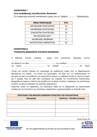 Σελίδα 74 από 75
Με τη συγχρηματοδότηση της Ελλάδας και της Ευρωπαϊκής Ένωσης
ΠΑΡΑΡΤΗΜΑ 7
Έτη απόσβεσης επενδυτικών δαπανών
(Το παράρτημα αποτελεί αναπόσπαστο μέρος της υπ. αριθμόν …………… Πρόσκλησης)
ΜΕΣΟ ΠΡΟΣΤΑΣΙΑΣ ΕΤΗ
ΑΝΤΙΧΑΛΑΖΙΚΗ ΕΓΚΑΤΑΣΤΑΣΗ 10
ΑΝΤΙΒΡΟΧΙΚΗ ΕΓΚΑΤΑΣΤΑΣΗ 10
ΣΥΝΔΥΑΣΤΙΚΗ ΕΓΚΑΤΑΣΤΑΣΗ 10
ΑΝΤΙΧΑΛΑΖΙΚΟ ΔΙΧΤΥ 5
ΑΝΤΙΒΡΟΧΙΚΗ ΜΕΜΒΡΑΝΗ 5
ΑΝΤΙΠΑΓΕΤΙΚΟΣ ΑΝΕΜΙΣΤΗΡΑΣ 20
ΠΑΡΑΡΤΗΜΑ 8
ΥΠΟΔΕΙΓΜΑ ΒΕΒΑΙΩΣΗΣ ΣΤΑΤΙΚΗΣ ΕΠΑΡΚΕΙΑΣ
Η βεβαίωση στατικής επάρκειας αφορά στην εγκατάσταση ιδιοκτησίας του/της
………………………………………………………………..
που βρίσκεται στη θέση …………………………………………………. και τοποθεσία …………………………………………..
του Δήμου ………………………………………. της περιοχής …………………………….. του Νομού
…………………………………………….
Ύστερα από επιτόπια επίσκεψη στο αγροτεμάχιο και λαμβάνοντας υπόψιν όλες τις εδαφοκλιματικές
ιδιαιτερότητες της περιοχή , την έκταση του αγροτεμαχίου, την κλίση του, τον προσανατολισμό της
φύτευσης ως προς την κατεύθυνση των επικρατούντων ανέμων, με πρόβλεψη αντοχής σε ταχύτητα ανέμου
έως 9 μποφόρ, όπως και κάθε άλλη λεπτομέρεια που επηρεάζει την στατικότητατης εγκατάστασης,
διασφαλίζονται επαρκώς οι κίνδυνοι από χαλαζόπτωση και βροχή. Επιπλέον ο σχεδιασμός της εγκατάστασης
επιτρέπει την άριστη κυκλοφορία των αγροτικών μηχανημάτων.
Παίρνοντας υπόψιν τις παραμέτρους της πρόσκλησης καθώς και τις εδαφολογικές και κλιματολογικές
συνθήκες και την στατικότητα της κατασκευής, αποφασίστηκε να χρησιμοποιηθούν τα ακόλουθα υλικά:
ΠΕΡΙΓΡΑΦΗ ΤΩΝ ΒΑΣΙΚΩΝ ΔΟΜΙΚΩΝ ΣΤΟΙΧΕΊΩΝ ΤΗΣ ΕΓΚΑΤΑΣΤΑΣΗΣ
Περιγραφή Ποσότητα - Μονάδα μέτρησης
ΑΔΑ: ΩΨΖΜ4653ΠΓ-ΣΥ5
 