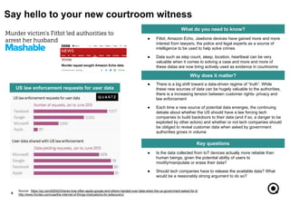 ● Is the data collected from IoT devices actually more reliable than
human beings, given the potential ability of users to
modify/manipulate or erase their data?
● Should tech companies have to release the available data? What
would be a reasonably strong argument to do so?
● There is a big shift toward a data-driven regime of “truth”. While
these new sources of data can be hugely valuable to the authorities,
there is a increasing tension between customer rights- privacy and
law enforcement
● Each time a new source of potential data emerges, the continuing
debate about whether the US should have a law forcing tech
companies to build backdoors to their data (and if so, a danger to be
exploited by other actors) and whether or not tech companies should
be obliged to reveal customer data when asked by government
authorities grows in volume
8
What do you need to know?
Why does it matter?
Key questions
● Fitbit, Amazon Echo, Jawbone devices have gained more and more
interest from lawyers, the police and legal experts as a source of
intelligence to be used to help solve crimes
● Data such as step count, sleep, location, heartbeat can be very
valuable when it comes to solving a case and more and more of
these datas are now bring actively used as evidence in courtrooms
Say hello to your new courtroom witness
Source: https://qz.com/620423/heres-how-often-apple-google-and-others-handed-over-data-when-the-us-government-asked-for-it/
http://www.fronteo.com/usa/the-internet-of-things-implications-for-ediscovery/
US law enforcement requests for user data
 