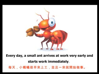 Every day, a small ant arrives at work very early and starts work immediately .   每天，小螞蟻很早來上工，並且 一來就 開始做事。   