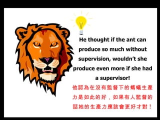 He thought if the ant can produce so much without supervision, wouldn’t she produce even more if she had a supervisor! 他認為 在沒有監督下的螞蟻 生產力是如此的好，如果有人監督的話她的生產力應該會更好才對 !   