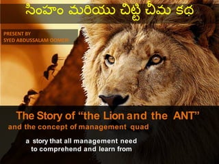 The Story of “the Lion and the ANT”
and the concept of management quad
a story that all management need
to comprehend and learn from
సింహిం మరియు చిట్టి చీమ కథ
PRESENT BY
SYED ABDUSSALAM OOMERI
 