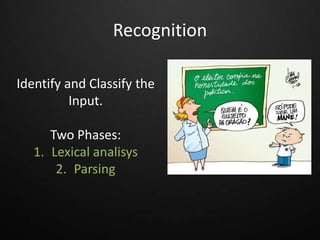 Recognition
Identify and Classify the
Input.
Two Phases:
1. Lexical analisys
2. Parsing
 