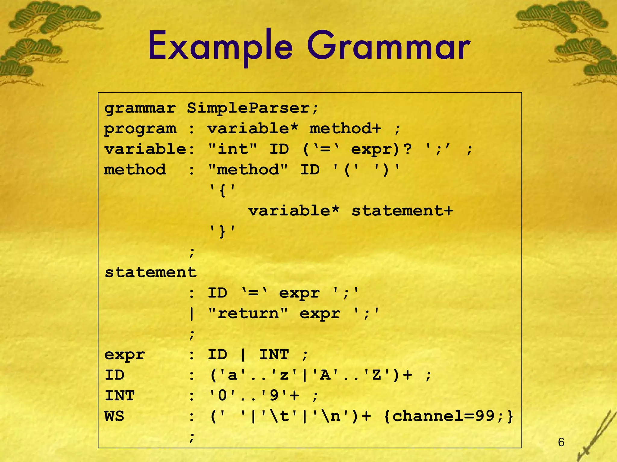 Example Grammar grammar SimpleParser; program : variable* method+ ; variable: &quot;int&quot; ID (‘=‘ expr)? ';’ ; method  : &quot;method&quot; ID '(' ')' '{' variable* statement+ '}' ; statement : ID ‘=‘ expr ';' | &quot;return&quot; expr ';' ; expr  : ID | INT ; ID  : ('a'..'z'|'A'..'Z')+ ; INT  : '0'..'9'+ ; WS  : (' '|'\t'|'\n')+ {channel=99;} ; 