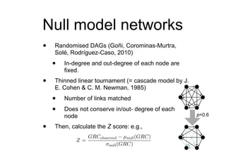Null model networks
• Randomised DAGs (Goñi, Corominas-Murtra,
Solé, Rodríguez-Caso, 2010)
• In-degree and out-degree of e...