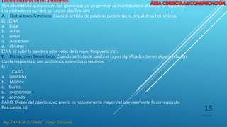 7/16/2017
15
Los distractores en los antónimos
Son alternativas que parecen ser respuestas yq ue generan la incertidumbre al buscar la respuesta.
Los distractores pueden ser según clasificación:
A. Distractores Fonéticos: Cuando se trata de palabras parónimas, o de palabras homófonas.
Ej. : IZAR
a. Bajar
b. Arriar
c. arrear
d. descender
e. abismar
IZAR: Es subir la bandera o las velas de la nave. Respuesta; (b).
B. Distractores Semánticos: Cuando se trata de palabras cuyos significados tienen alguna relación
con la respuesta o son sinónimos indirectos o relativos.
Ej. :
CARO
a. Limitado
b. Módico
c. barato
d. económico
e. cómodo
CARO: Dícese del objeto cuyo precio es notoriamente mayor del que realmente le corresponde.
Respuesta; (c)
 